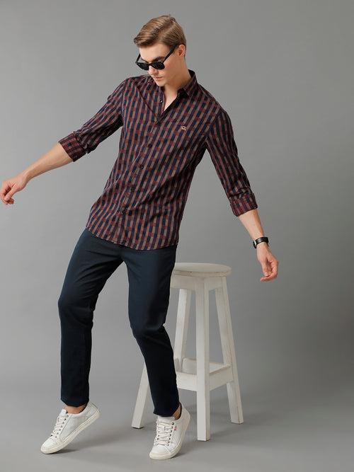 Men Maroon Checked Slim Fit Giza Cotton Casual Shirt