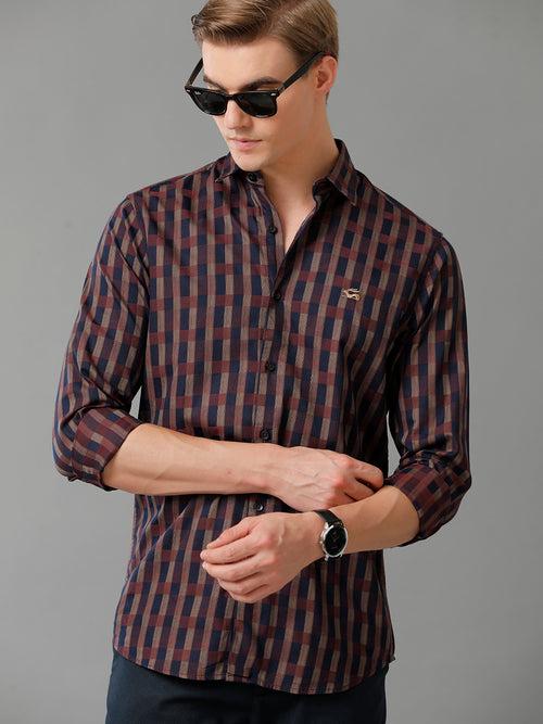 Men Maroon Checked Slim Fit Giza Cotton Casual Shirt