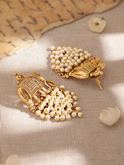 Rubans 22K Gold-Plated Pearl Beaded Elephant Motif Stud Earrings