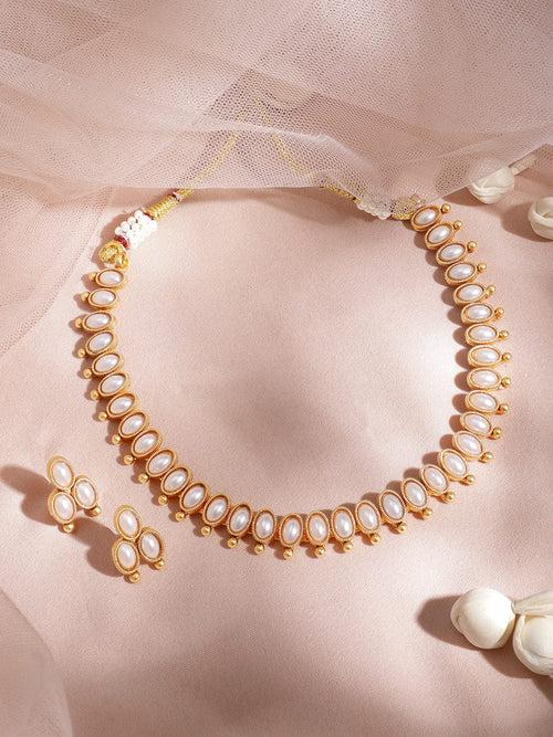 22KT Gold Plated Brass Metal With White Beads Studded Necklace Set.