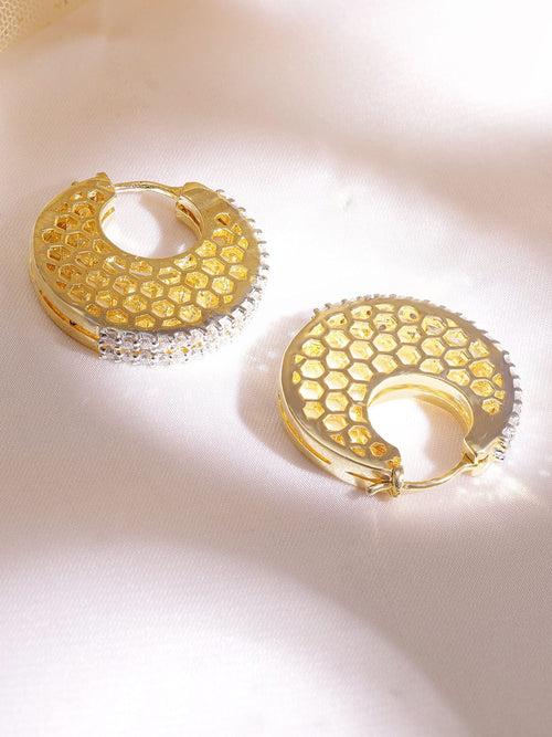 Rubans 22K Gold plated Crystal Round zirconia Hexagonal Textured Chic Demi - Fine Hoop Earrings