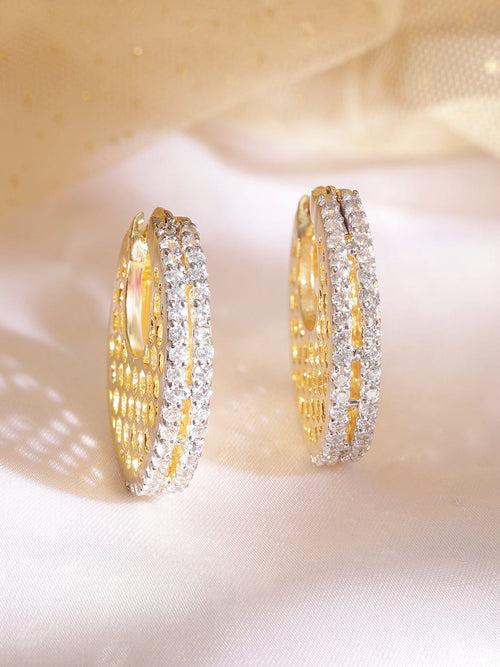 Rubans 22K Gold plated Crystal Round zirconia Hexagonal Textured Chic Demi - Fine Hoop Earrings