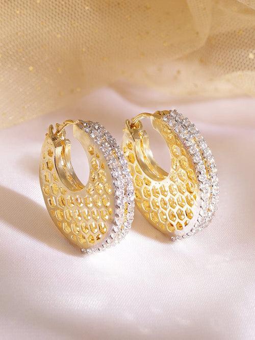 Rubans 22K Gold plated Crystal Round zirconia Hexagonal Textured Chic Demi - Fine Hoop Earrings