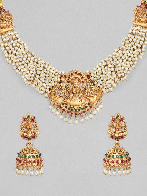 Rubans 24K Gold Plated Handcrafted Ruby Stone with White Pearls Divine Lakshmi Necklace Set