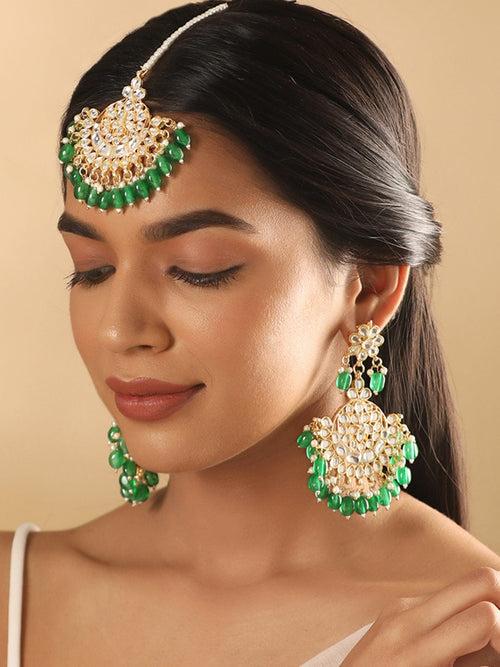 Rubans 24K Gold Toned Green Beaded Polki Studded Mangtika & Chandbali Earring Set