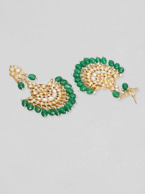 Rubans 24K Gold Toned Green Beaded Polki Studded Mangtika & Chandbali Earring Set