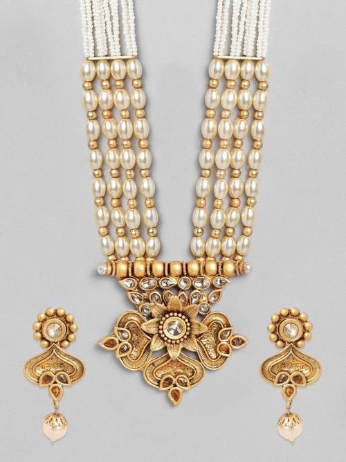 Rubans Gold Plated Handcrafted Kundan & white Beads Necklace Set