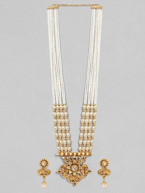 Rubans Gold Plated Handcrafted Kundan & white Beads Necklace Set