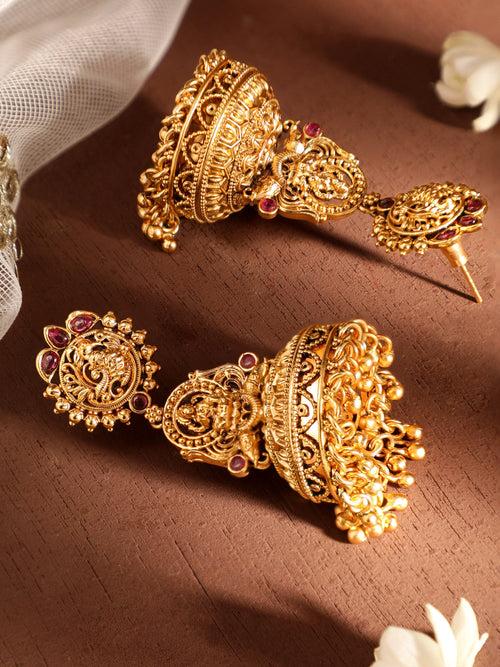 Rubans Golden Serenity 22k Gold Gold Plated Temple Design Jhumka Danglers