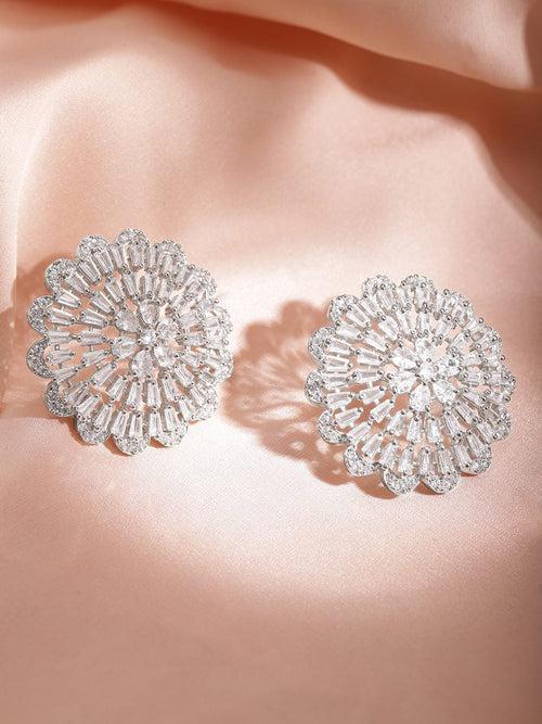 Rubans Silver Plated Cubic Zirconia & AD Studded Floral Studs Earrings