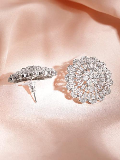 Rubans Silver Plated Cubic Zirconia & AD Studded Floral Studs Earrings