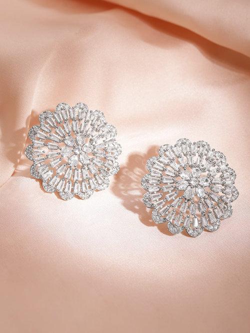 Rubans Silver Plated Cubic Zirconia & AD Studded Floral Studs Earrings