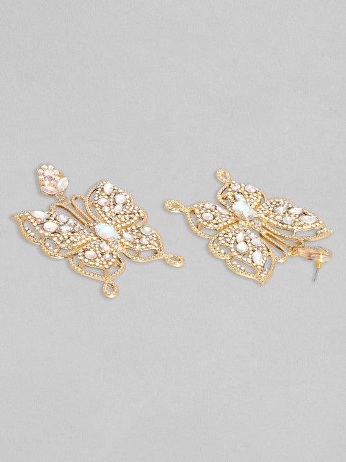 Rubans Voguish 18K Gold Toned White Zircons Studded Butterfly Dangle Earrings