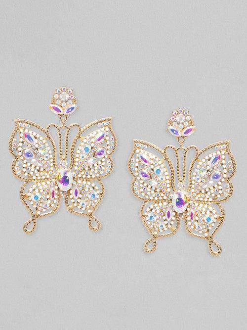 Rubans Voguish 18K Gold Toned White Zircons Studded Butterfly Dangle Earrings