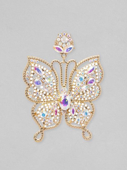 Rubans Voguish 18K Gold Toned White Zircons Studded Butterfly Dangle Earrings