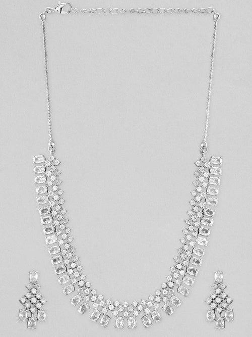 Rubans Silver Plated Necklace Set With Studded American Diamonds