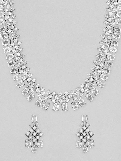 Rubans Silver Plated Necklace Set With Studded American Diamonds