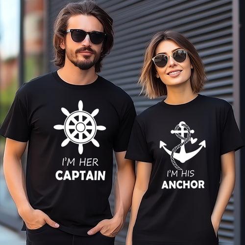 Captain Anchor Couple Graphic Printed T-Shirt