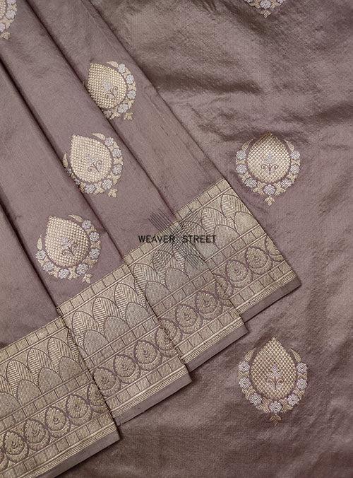 Earthy Grey Katan silk Handwoven Banarasi saree with alfi Kadwa buta