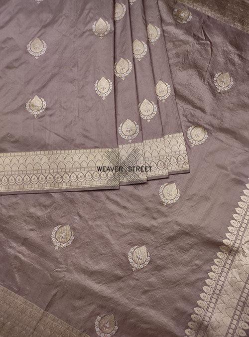 Earthy Grey Katan silk Handwoven Banarasi saree with alfi Kadwa buta