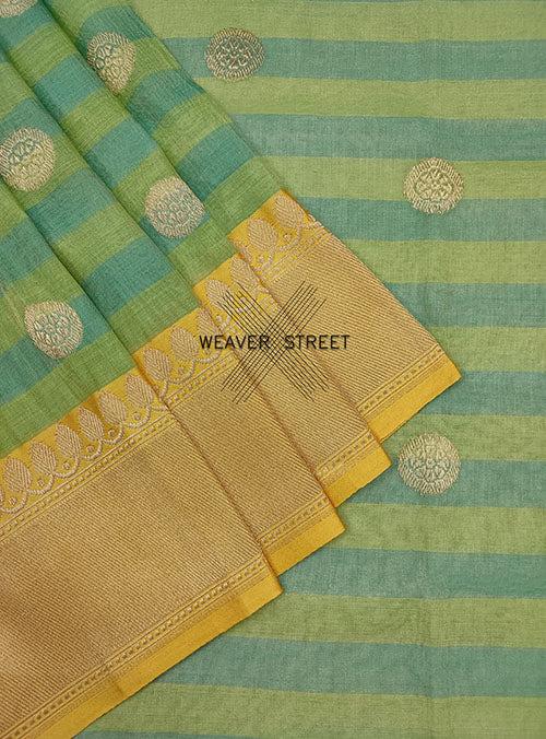 Green Cotton Tissue Handwoven Banarasi Saree with round kadwa buta