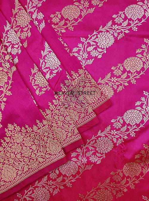 Pink Katan Silk Handwoven Banarasi saree with Floral Kadwa Jangla