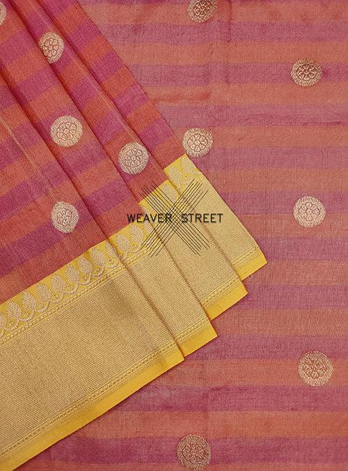 Red Pink Cotton Tissue Handwoven Banarasi Saree with round kadwa buta