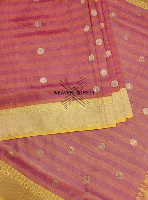 Red Pink Cotton Tissue Handwoven Banarasi Saree with round kadwa buta