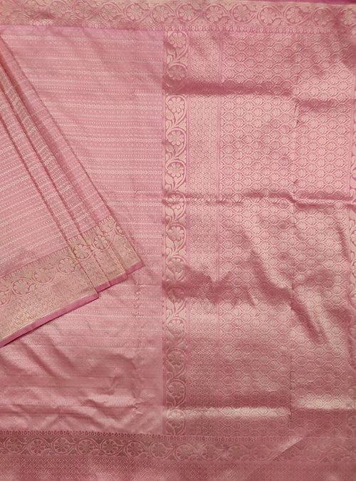Baby pink katan silk tanchoi Banarasi saree with thin strip pattern