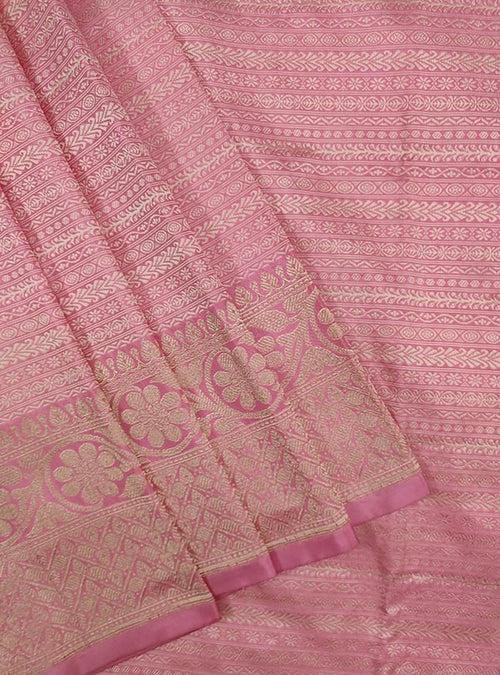 Baby pink katan silk tanchoi Banarasi saree with thin strip pattern