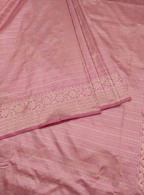 Baby pink katan silk tanchoi Banarasi saree with thin strip pattern