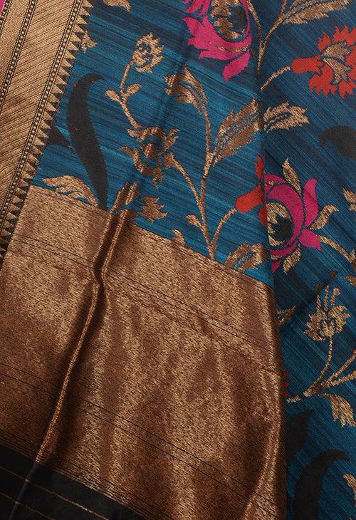 Blue Dupion silk handloom Banarasi dupatta with meenedar flower jaal