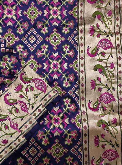 Blue Katan silk handloom Banarasi saree with patola jaal and paithani border