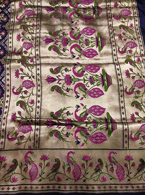 Blue Katan silk handloom Banarasi saree with patola jaal and paithani border