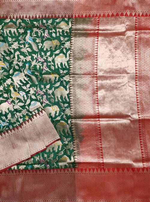 Dark Green Katan silk handloom Banarasi saree with meenedar shikarga jaal