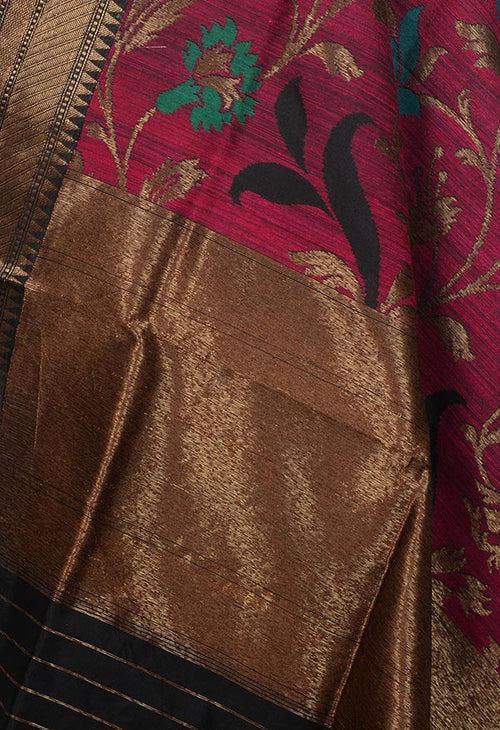 Magenta Dupion silk handloom Banarasi dupatta with meenedar flower jaal