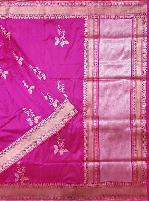 Magenta katan silk Banarasi saree with tulsi plant boota in sona rupa zari