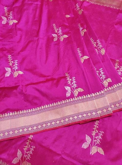 Magenta katan silk Banarasi saree with tulsi plant boota in sona rupa zari