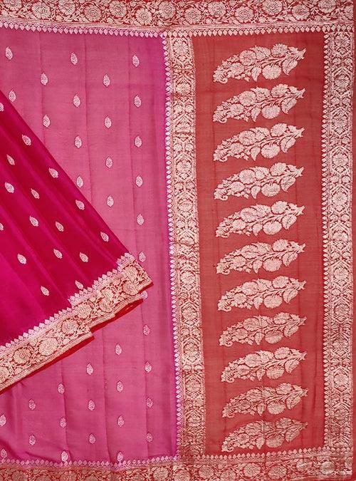 Magenta light weight chiffon handloom Banarasi saree with silver booti