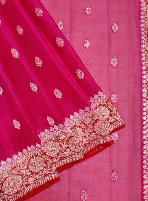 Magenta light weight chiffon handloom Banarasi saree with silver booti