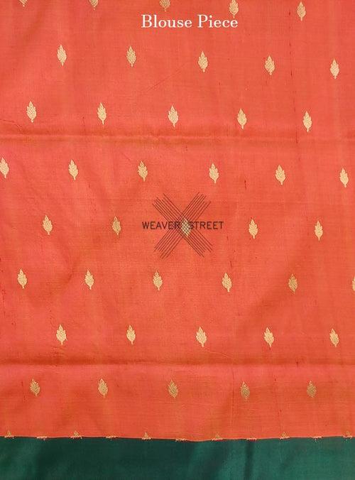 Peach Katan silk Handwoven Banarasi saree with floral skirt border