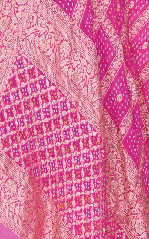 Pink Khaddi georgette Bandhani dupatta with square jaal
