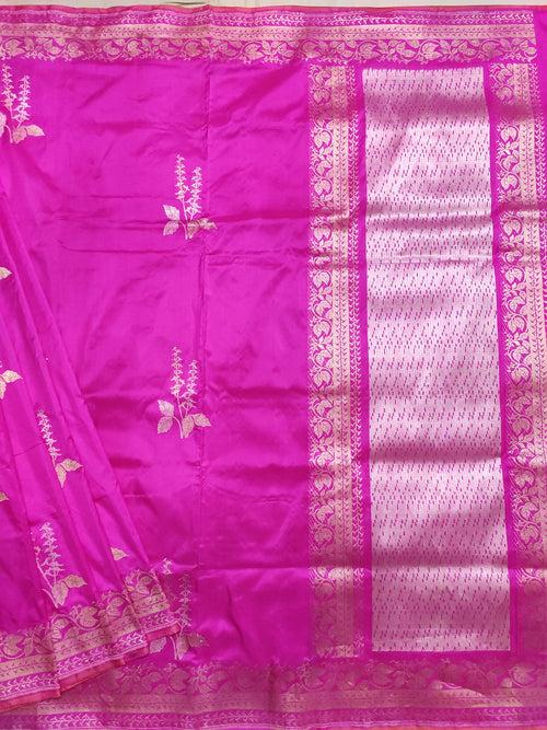 Pink Katan silk handloom Banarasi saree with tulsi plant kadwa boota