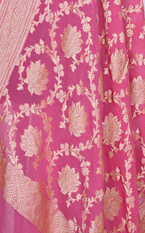 Pink khaddi georgette Banarasi dupatta with flower jaal