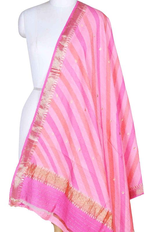 Pink lehariya muga silk Banarasi dupatta with diagonal stripes