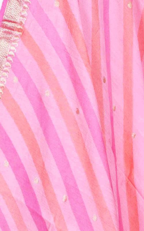 Pink lehariya muga silk Banarasi dupatta with diagonal stripes