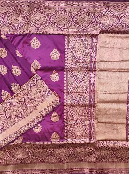 Purple Katan silk handloom Banarasi saree with stylized boota