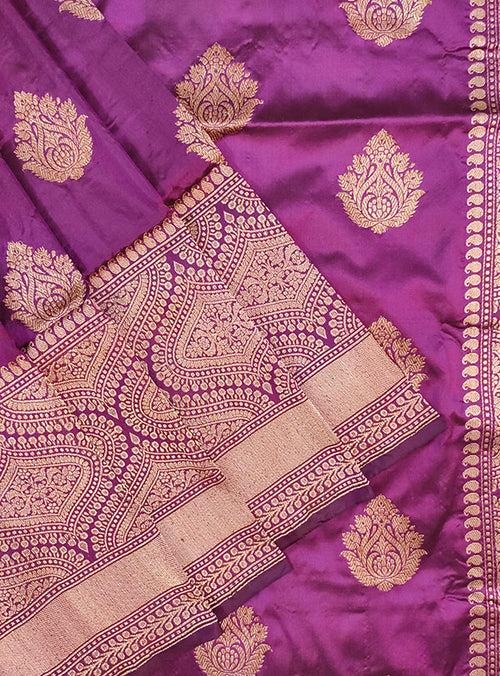 Purple Katan silk handloom Banarasi saree with stylized boota