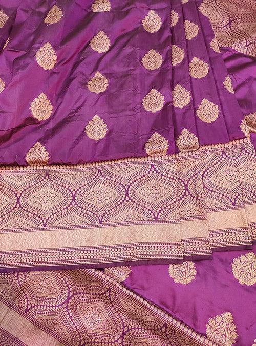 Purple Katan silk handloom Banarasi saree with stylized boota