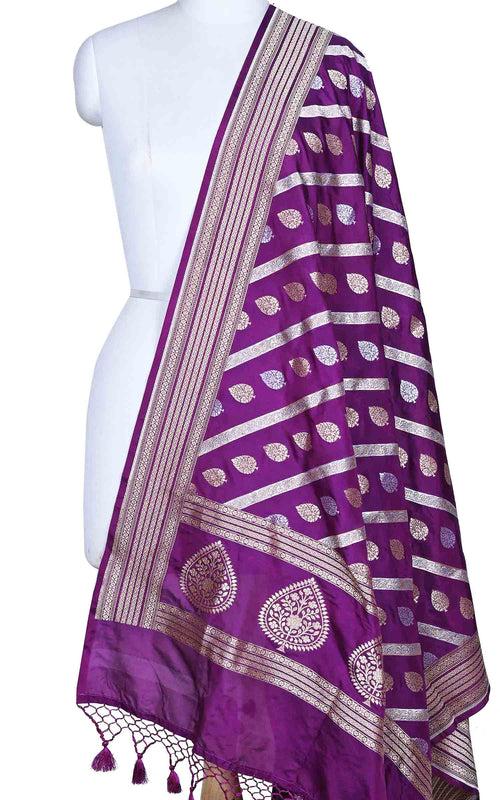 Purple katan silk Banarasi dupatta with diagonal leaf boota